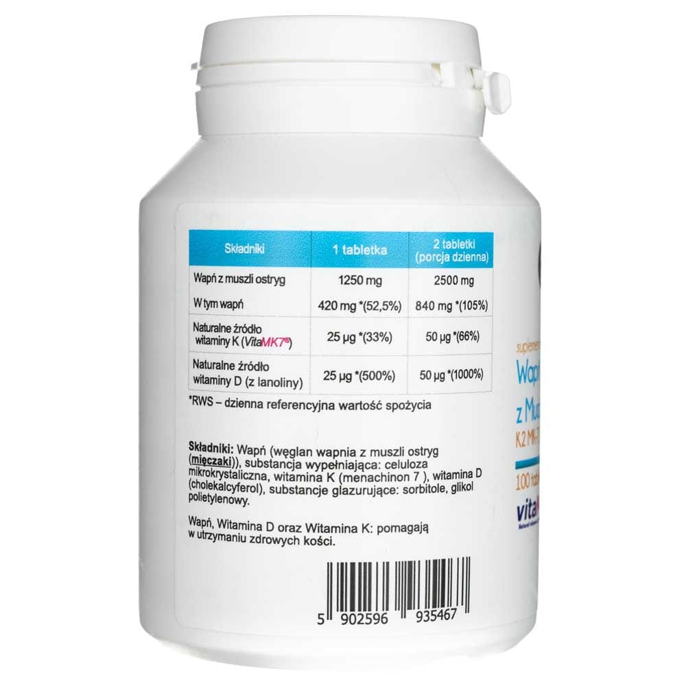 Aliness Calcium from Oyster Shell with Vitamin K2 MK-7 and D3 - 100 Tablets
