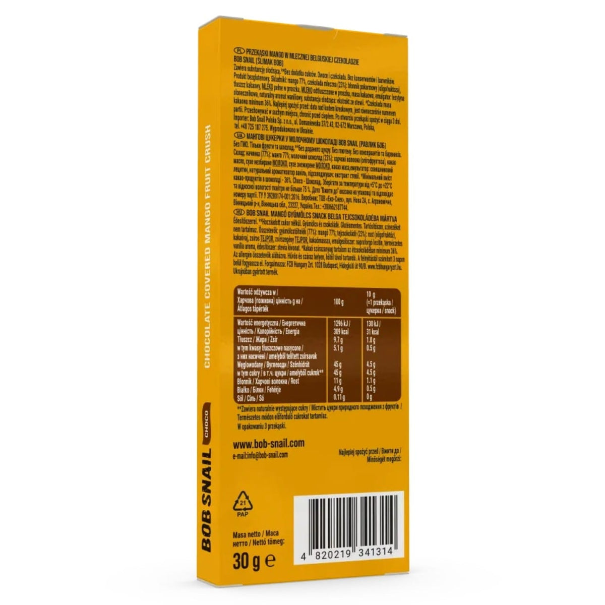 Bob Snail Mango Snack in Belgian Chocolate, Sugar-Free - 30 g