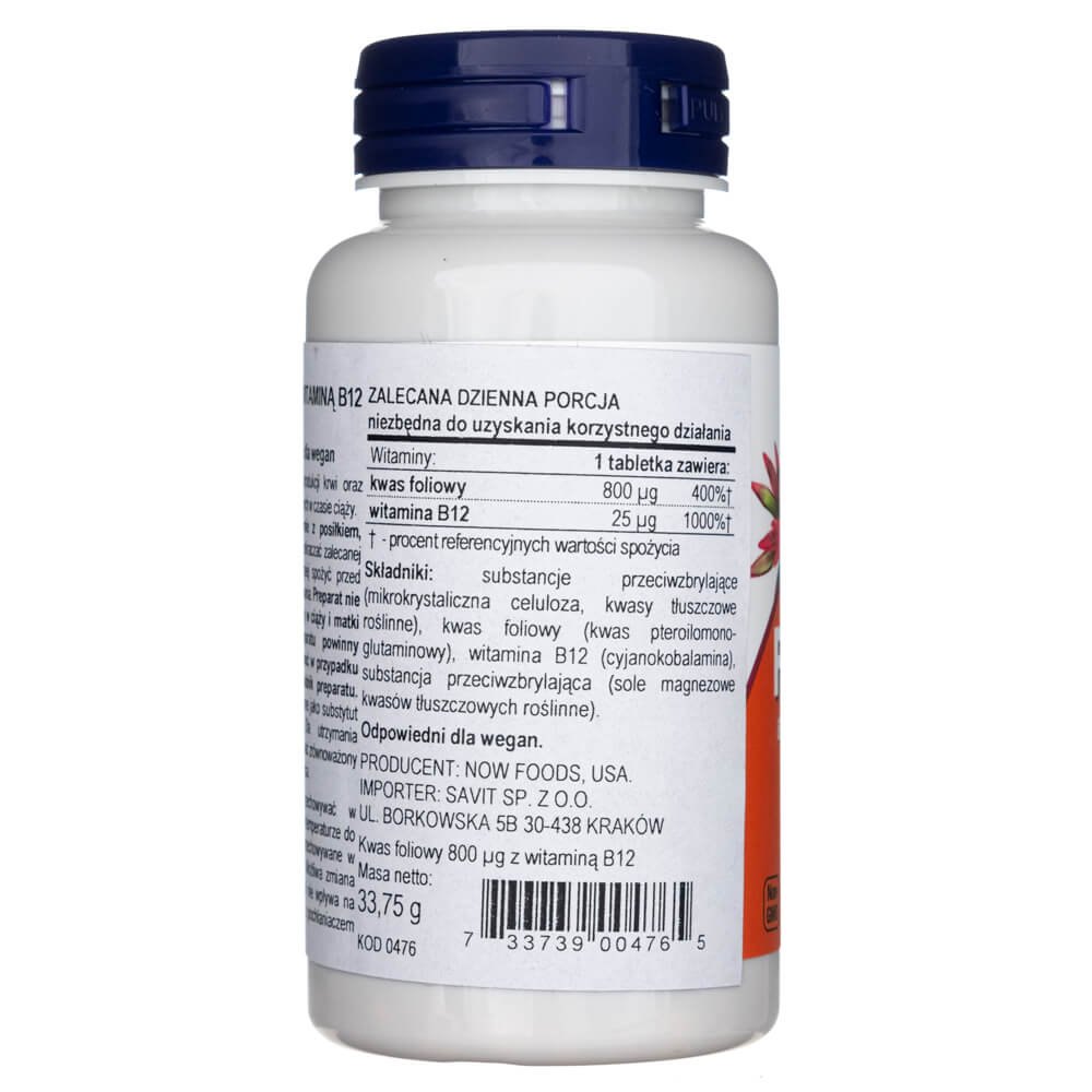 Now Foods Folic Acid 800 mcg with Vitamin B-12 - 250 Tablets