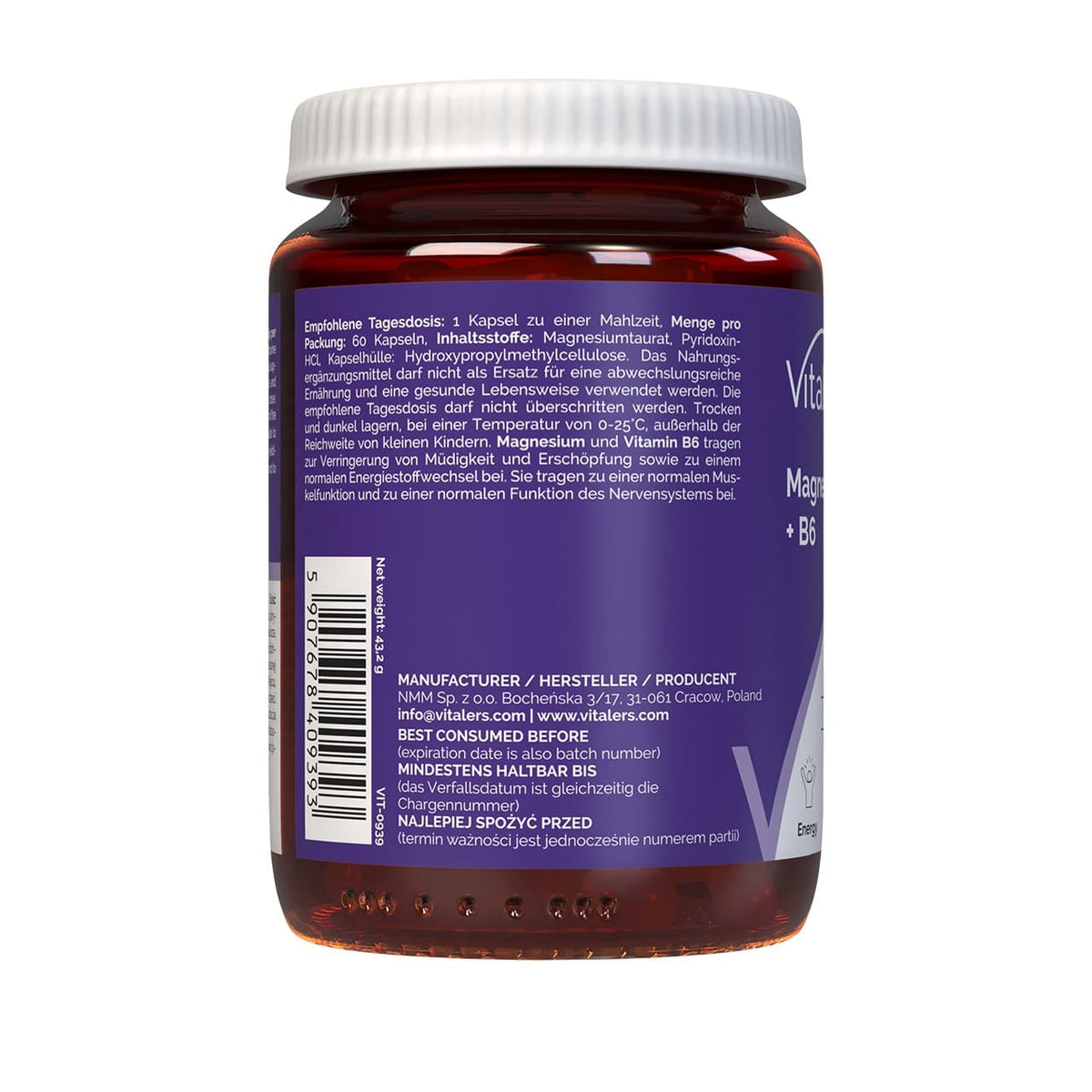 Vitaler's Magnesium Taurate 600 mg + Vitamin B6 6 mg - 60 Capsules