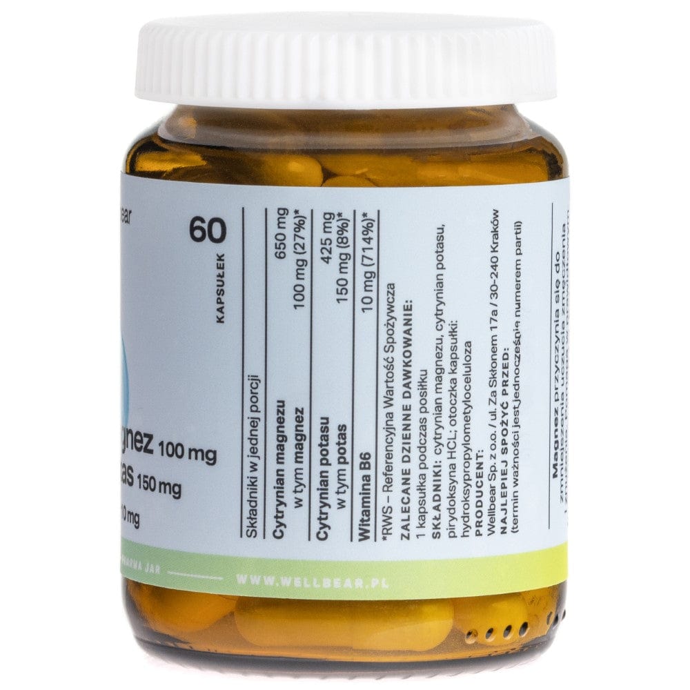 Wellbear Magnesium 100 mg + Potassium 150 mg + Vitamin B6 10 mg - 60 Capsules