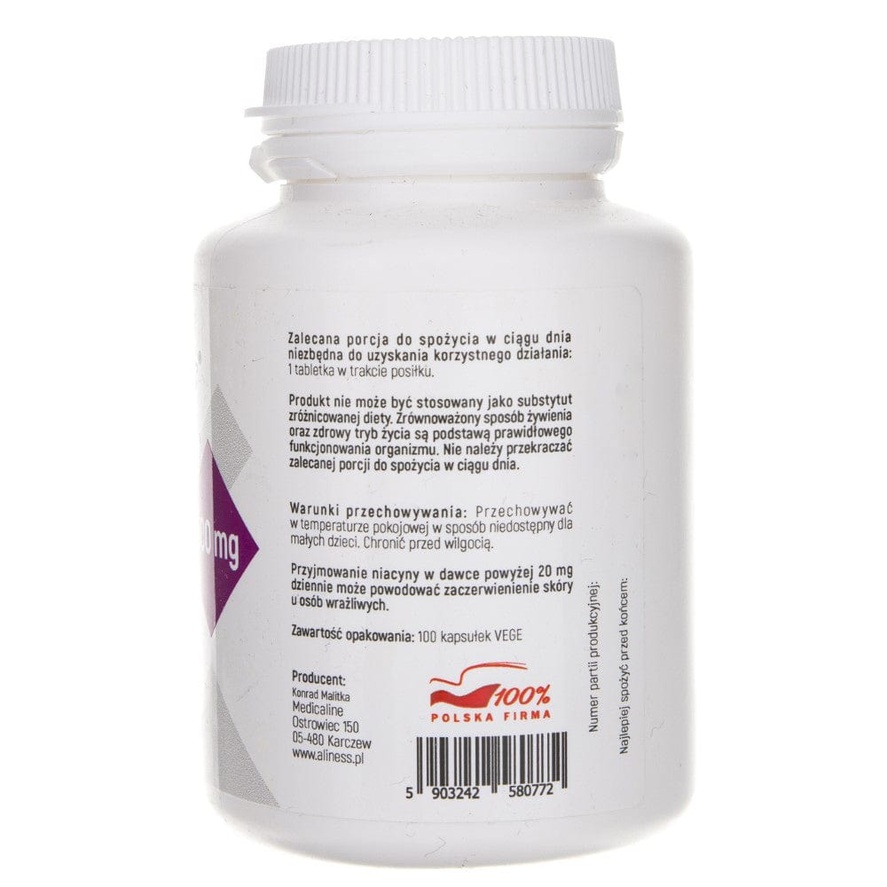 Aliness Niacin, nicotinic acid amide 500 mg - 100 Veg Capsules