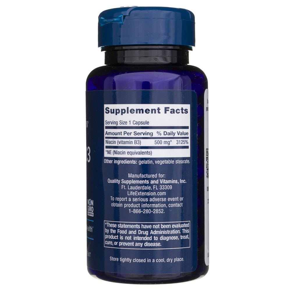 Life Extension Vitamin B3 Niacin 500 mg - 100 Capsules