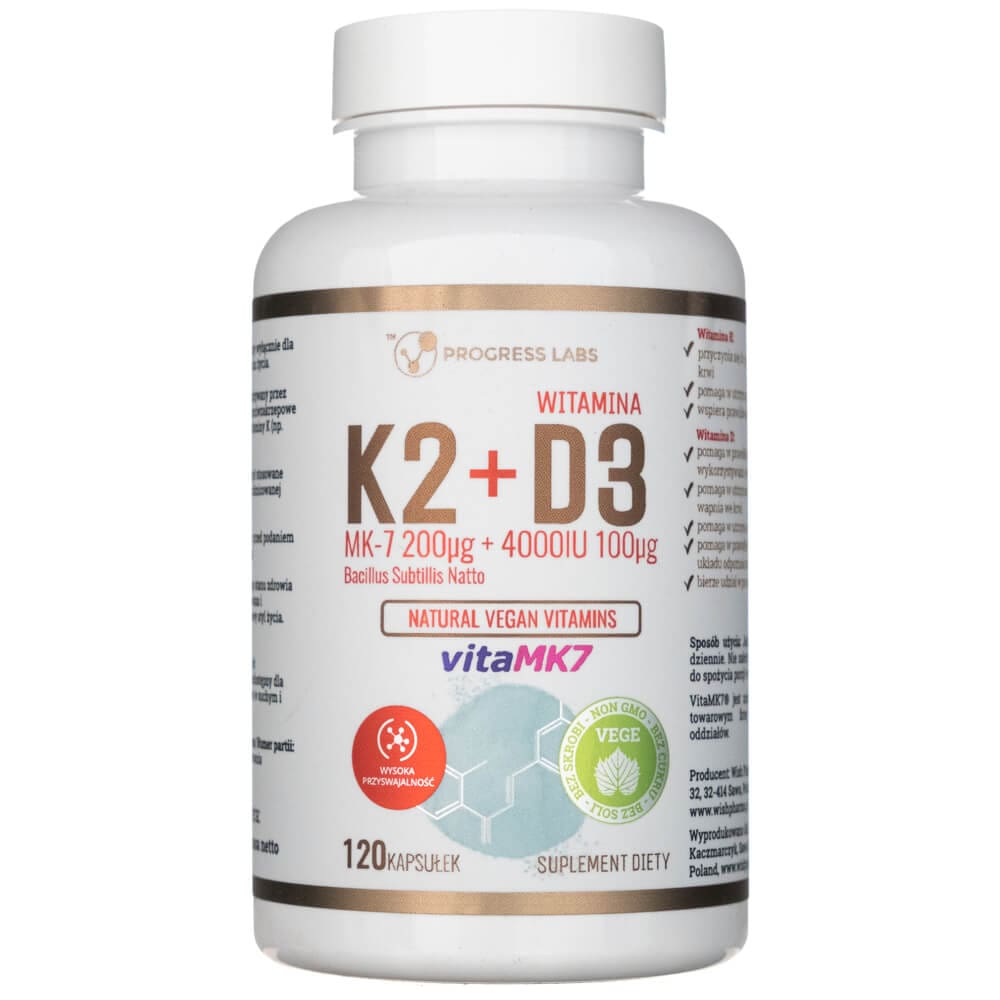 Progress Labs Vitamin K2 VitaMK7 200 mcg + D3 100 mcg - 120 Capsules