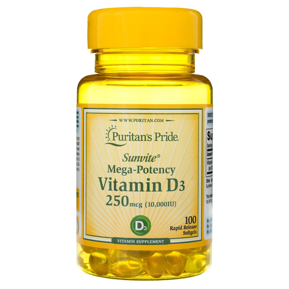 Puritan's Pride Vitamin D3 250 mcg (10000 IU) - 100 Softgels